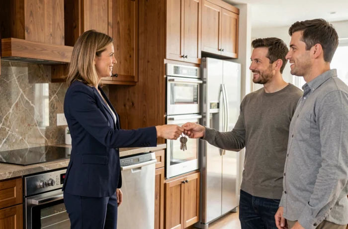 Agent immobilier remettant les clés d'une maison à un couple dans une cuisine équipée avec électroménager intégré lors d'une vente immobilière