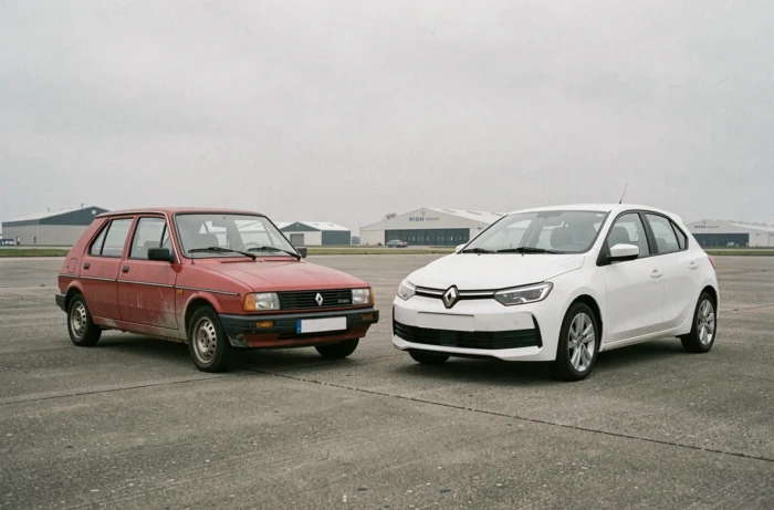 Renault Super 5 des années 1980 et nouvelle Renault 5 électrique côte à côte sur un tarmac, comparaison design deux générations
