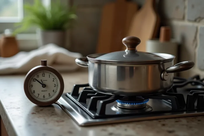 Casserole couverte en repos sur le feu éteint avec un minuteur indiquant le temps de repos du riz