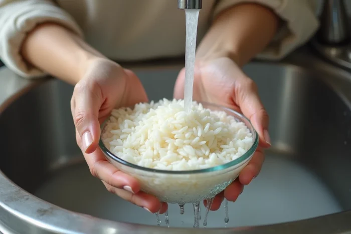 Mains rinçant du riz blanc sous l'eau froide dans un bol en verre jusqu'à obtenir une eau claire