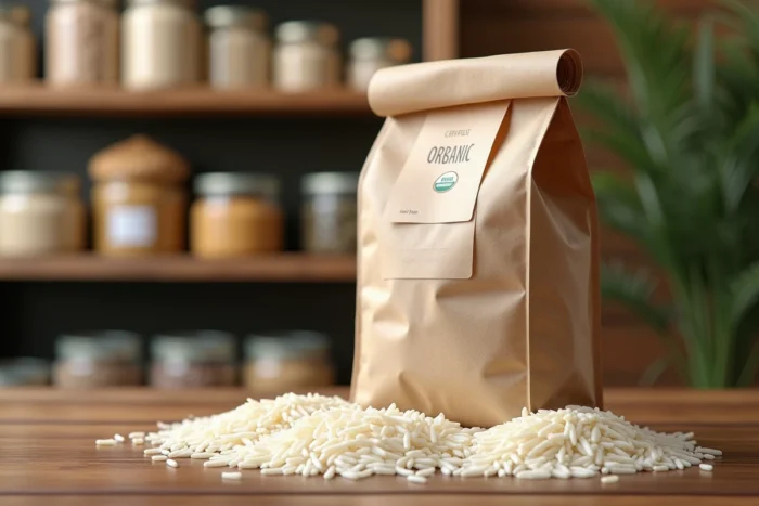 Sac de riz basmati biologique ouvert avec des grains longs sur une surface en bois naturel