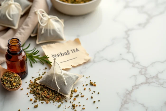 Sachets de thé détox aux plantes et herbes séchées sur marbre blanc avec note d'avertissement, représentant les contre-indications du Lulutox Tea