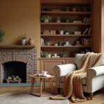 Coin salon chaleureux avec fauteuil en lin, plaid en laine tressée et cheminée en brique dans un appartement français authentique
