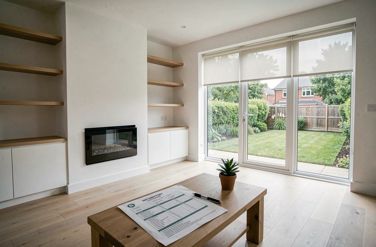 Salon vide avec équipements fixes inclus dans la vente immobilière, étagères encastrées, cheminée murale et stores installés visibles
