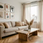 Salon scandinave moderne avec canapé en lin beige, table basse en chêne et mur de cadres abstraits pour une déco tendance