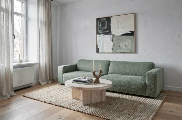 Salon scandinave minimaliste avec canapé en bouclé vert sauge, table basse en travertin et grand tableau abstrait