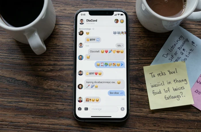 Gros plan d'un smartphone affichant une conversation Discord avec l'abréviation BTBF visible dans un fil de messages