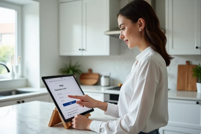 Jeune femme consultant une page d'aide sur une tablette pour résoudre un problème de connexion à son compte en ligne