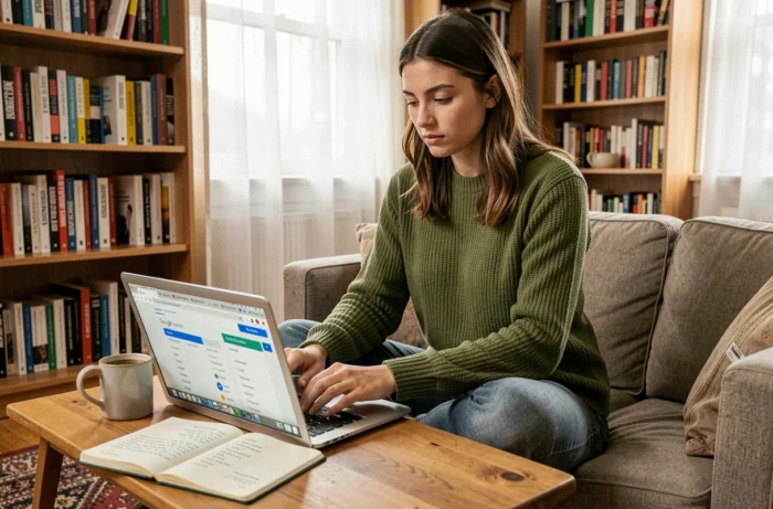 Jeune femme travaillant sur une stratégie de contenu SEO et d'analyse de mots-clés depuis son bureau à domicile