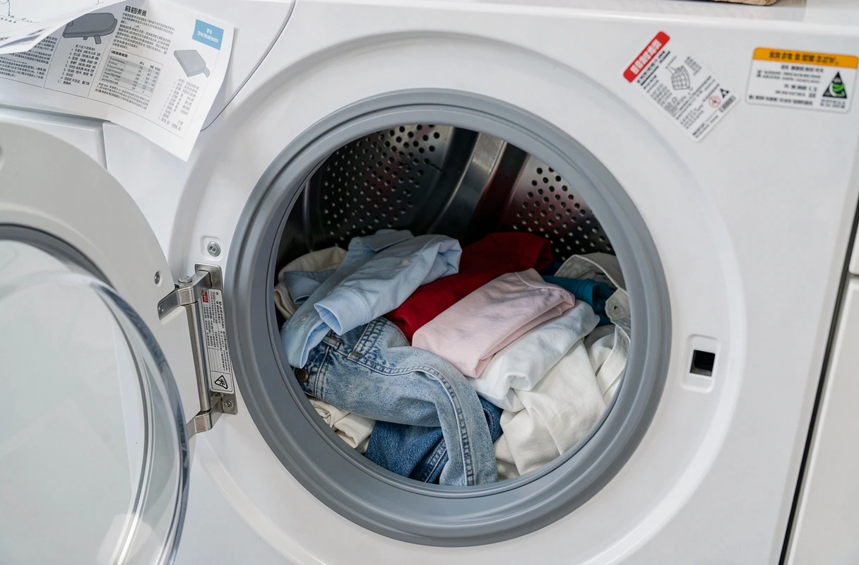 Intérieur du tambour d'un lave-linge Whirlpool 9kg chargé de linge coloré prêt pour un cycle de lavage