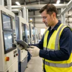 Technicien de maintenance industrielle inspectant une machine dans une usine moderne avec une tablette numérique