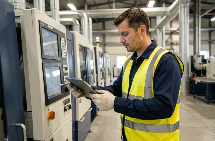 Technicien de maintenance industrielle inspectant une machine dans une usine moderne avec une tablette numérique