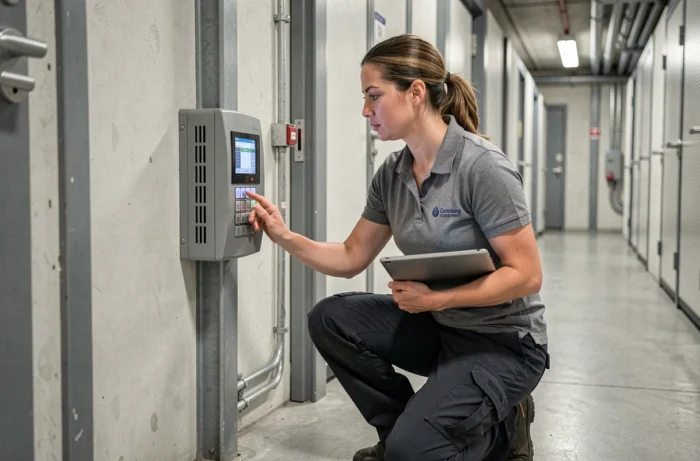 Technicienne en sécurité configurant un contrôle d'accès électronique à l'entrée d'un entrepôt sécurisé