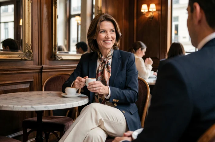 Femme chic en blazer marine et foulard en soie dans un café parisien élégant