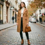 Femme élégante en trench camel et bottines sur une rue pavée parisienne en automne