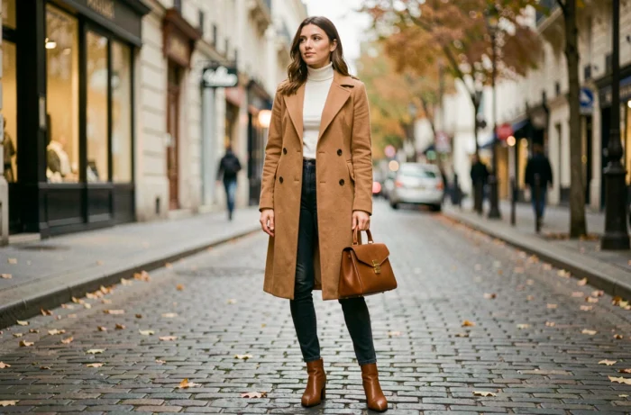 Femme élégante en trench camel et bottines sur une rue pavée parisienne en automne