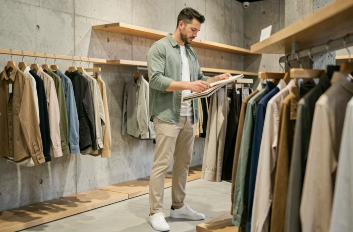 Homme en look casual chic vert sauge explorant une boutique de mode minimaliste