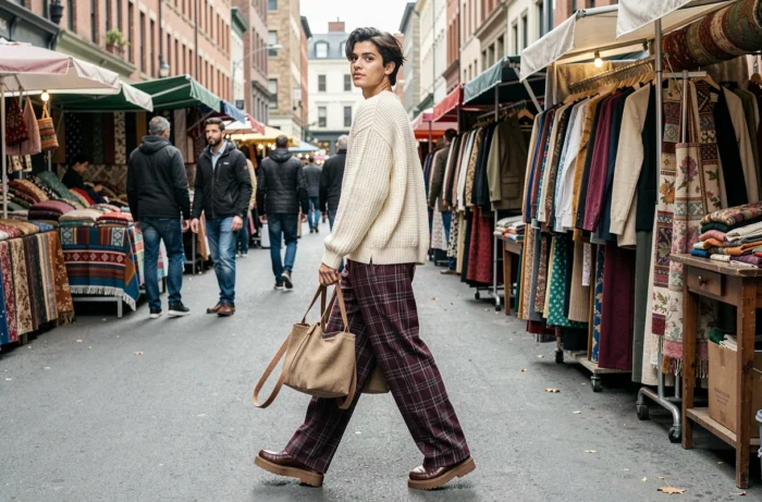 Personne en pull oversize et pantalon plaid tendance se promenant dans un marché urbain
