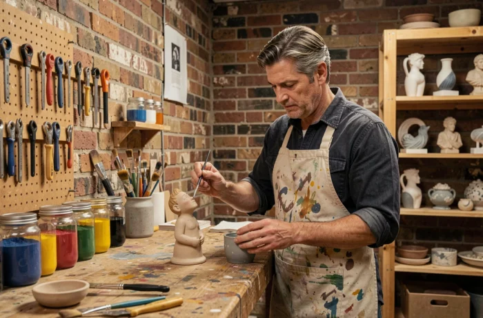 Homme pratiquant la céramique artisanale dans un atelier fait maison, loisir créatif tendance