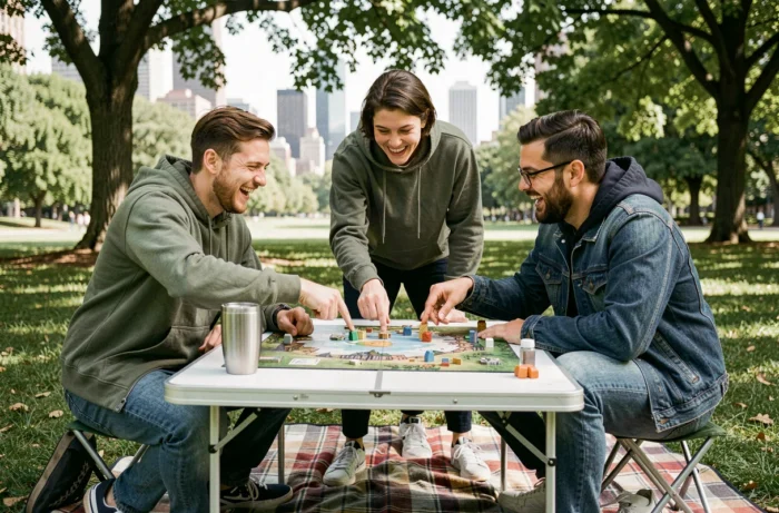 Groupe d'amis jouant à un jeu de société en plein air dans un parc urbain, tendance loisirs collectifs