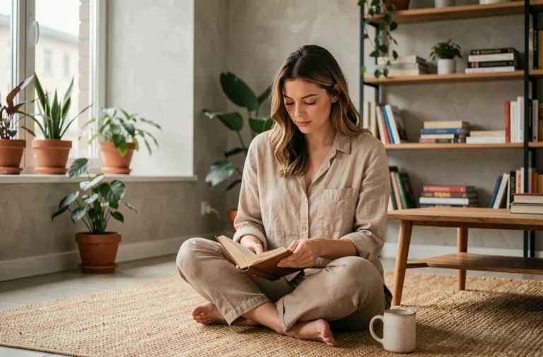 Femme lisant un livre dans un salon cosy, tendance loisirs lecture et détente quotidienne