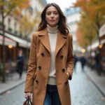Femme élégante en manteau camel et col roulé crème marchant sur un pavé parisien en automne, tenant un sac en cuir structuré