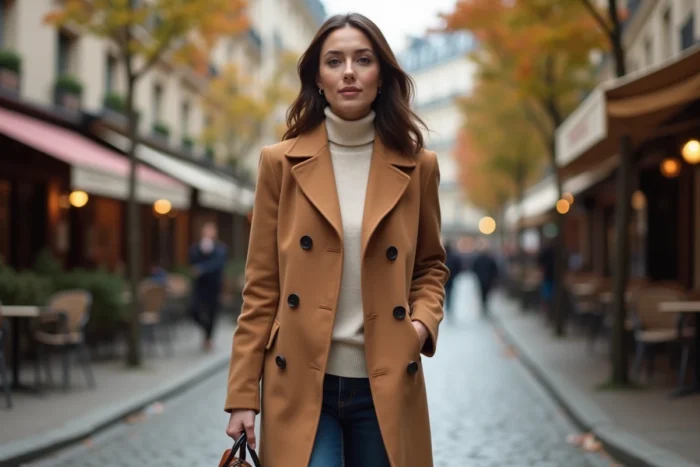 Femme élégante en manteau camel et col roulé crème marchant sur un pavé parisien en automne, tenant un sac en cuir structuré