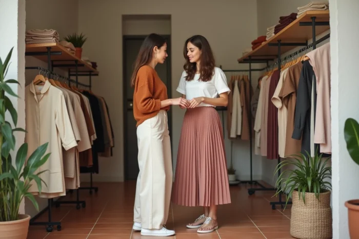 Deux femmes tendance choisissant des vêtements dans une boutique de mode minimaliste aux murs en plâtre et sols en tomettes