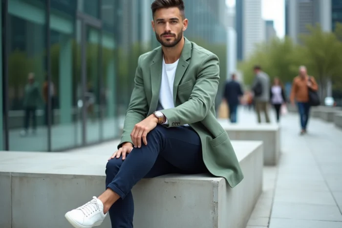 Homme élégant en blazer lin vert sauge et baskets blanches assis sur un banc en béton dans un espace urbain contemporain