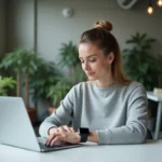 Femme professionnelle utilisant un laptop et une smartwatch dans un bureau moderne en 2024