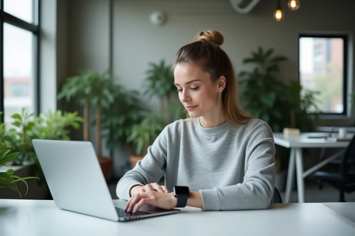 Femme professionnelle utilisant un laptop et une smartwatch dans un bureau moderne en 2024