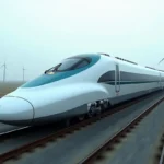Train à grande vitesse chinois en mouvement sur une voie surélevée avec paysage rural en arrière-plan