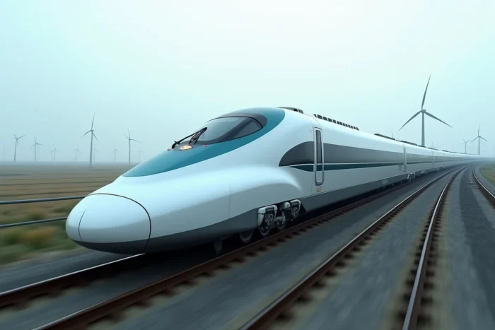 Train à grande vitesse chinois en mouvement sur une voie surélevée avec paysage rural en arrière-plan