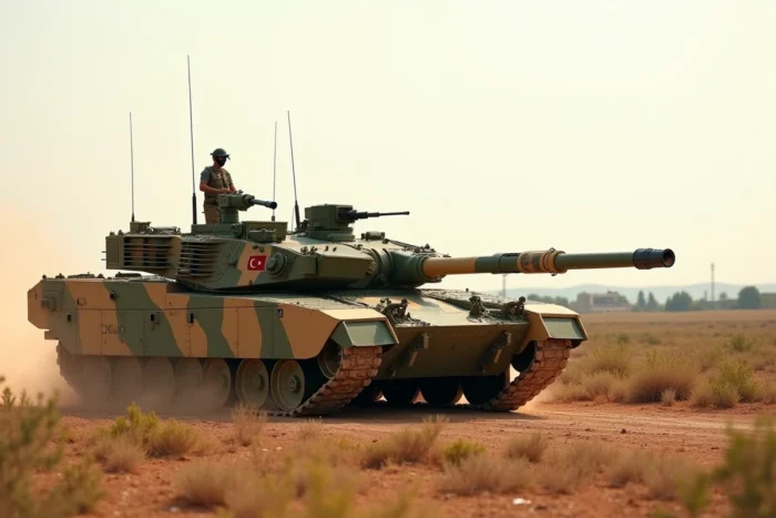 Un char de combat principal Altay des forces armées turques sur un terrain d'essai poussiéreux près d'Ankara