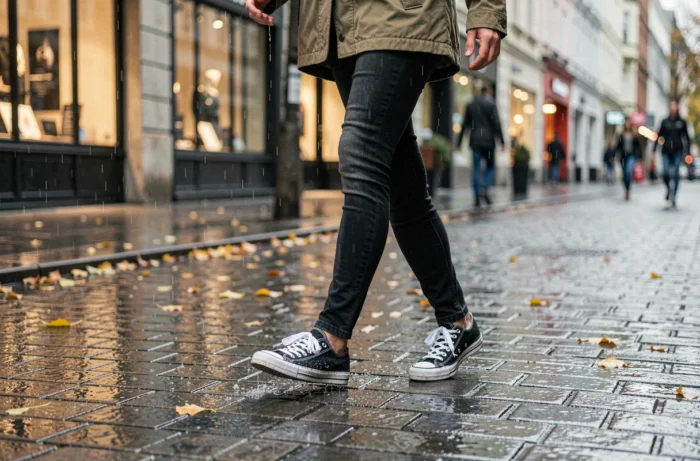 Femme portant des Vans Old Skool imperméabilisées marchant sous la pluie sur des pavés mouillés en automne