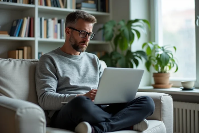Homme consultant un annuaire spécialisé pour optimiser sa veille internet depuis son bureau à domicile