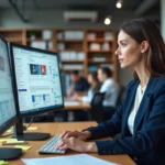 Professionnelle effectuant une veille web sur plusieurs onglets de navigateur avec des outils de curation dans un bureau moderne