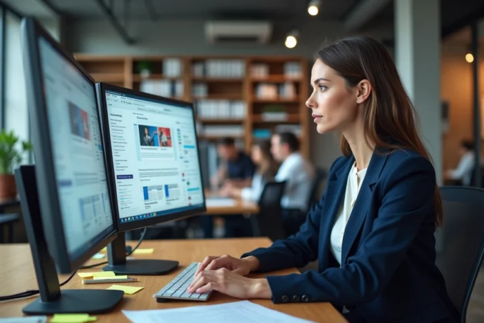 Professionnelle effectuant une veille web sur plusieurs onglets de navigateur avec des outils de curation dans un bureau moderne