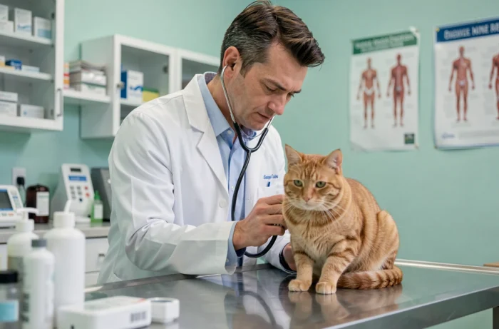 Vétérinaire examinant un chat roux en consultation dans une clinique vétérinaire moderne