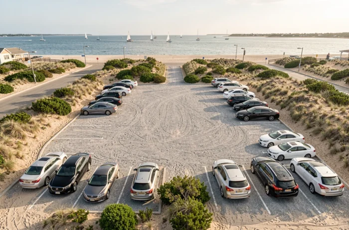 Vue aérienne d'un parking gratuit en gravier près du bord de mer à Arcachon avec des voitures garées